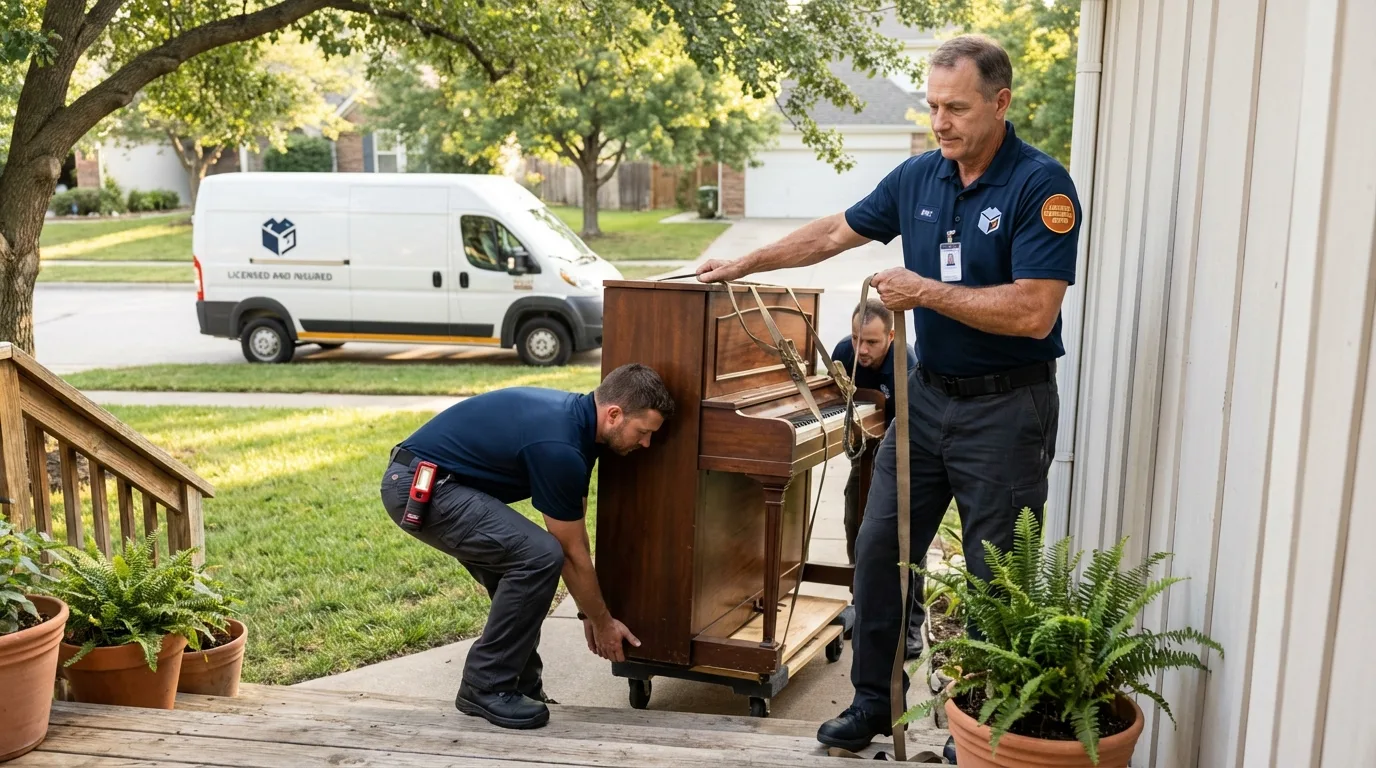 Licensed piano movers securing grand piano in King, WI